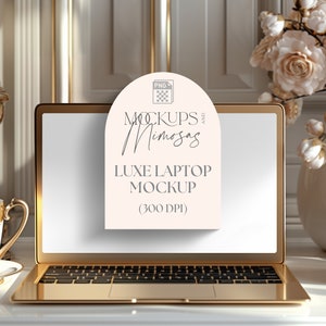 Guldfärgad laptopmodell, lyxigt feminint skrivbord (digital nedladdning i PNG)