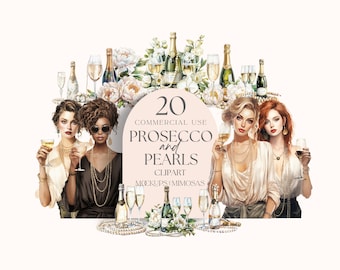 Könnte beinhalten: Eine digitale Illustration von drei Frauen, die Perlenketten tragen und Gläser Champagner halten. Das Bild enthält den Text "20 COMMERCIAL USE PROSECCO and PEARLS CLIPART MOCKUPS MIMOSAS".