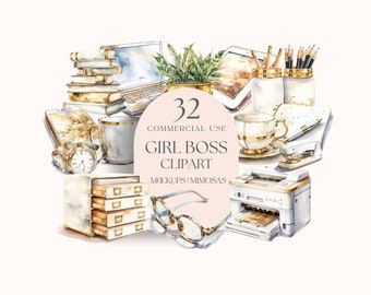 GIRL BOSS Planner Clipart. Watercolor girly white and gold office essentials graphics. Commercial use Stationery PNG digital sticker art.