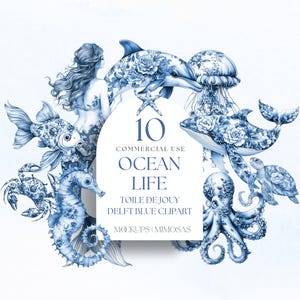 OCEAN LIFE Toile De Jouy clipart. Blue Watercolour Marine animals clipart. Commercial Use PNG&#39;s. Chinoiserie mermaid and Sea creatures.