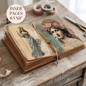 May include: Open vintage style journal with brown leather cover and pages featuring a collage of images including a woman in a blue dress, a woman with a floral crown, and a vintage label with the text "CA CRPDAT AL ARG G."