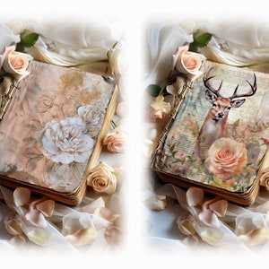 May include: Two vintage-style journals with floral and animal designs. The left journal features a floral design with white roses and a peach background. The right journal features a deer with antlers and a peach rose.