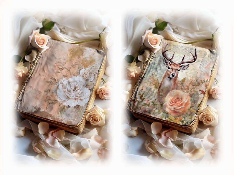 May include: Two vintage-style journals with floral and animal designs. The left journal features a floral design with white roses and a peach background. The right journal features a deer with antlers and a peach rose.