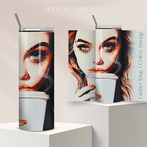 Långa fransar med starkt kaffe, tumblerwrap, glamourös tjej PNG (digital nedladdning)