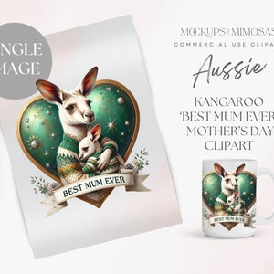 Sublimation art kangourou fête des mères AUSSIE. Clipart « La meilleure maman de tous les temps ». Graphisme australien drôle d'animal de maman et de bébé. PNG transparent.