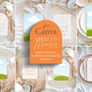 Maqueta de papelería estilo BOHO. Maquetas de boda CANVA.  Maqueta de menú. Maqueta de 5 x 7". Maqueta de 4 x 9". Fotos de stock con estilo.