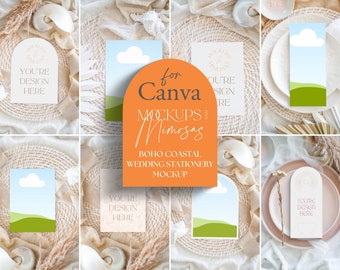 May include: A set of wedding stationery mockups featuring a boho coastal theme. The mockups include a variety of cards, envelopes, and place cards, all with a neutral color palette and natural textures. The text on the cards reads "You're Design Here" and "For Canva Mockups and Mimosas".