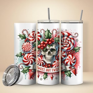 Divertente tumbler sottile da 20 oz di Natale, tumbler con stampa a sublimazione a forma di bastoncino di zucchero, teschio e serpente, tumbler dolce ma contorto PNG.
