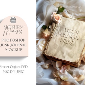 May include: A vintage-style journal mockup with a white background. The journal is surrounded by delicate pink roses and petals. The text "YOUR DESIGN HERE" is printed on the cover of the journal.