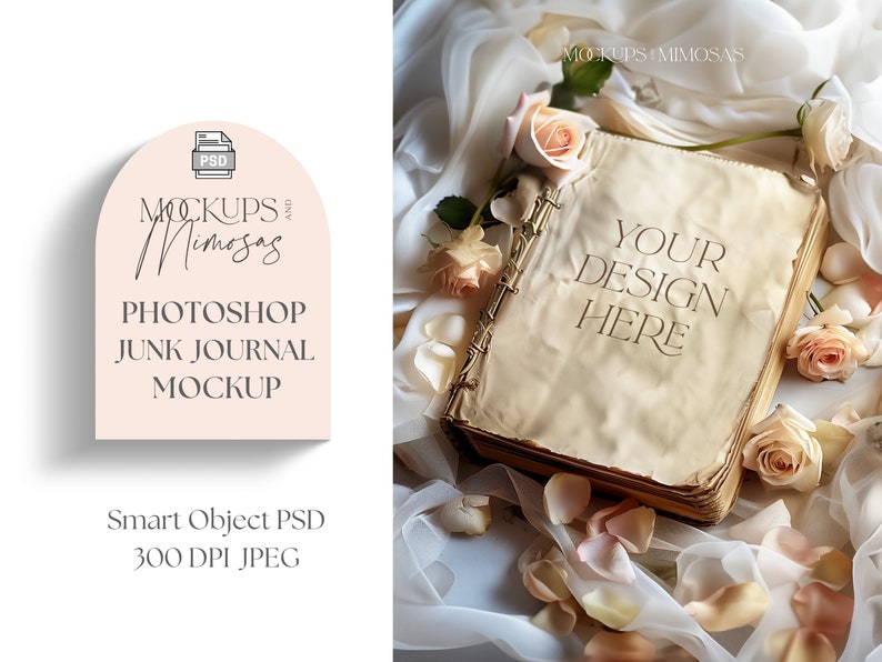 May include: A vintage-style journal mockup with a white background. The journal is surrounded by delicate pink roses and petals. The text "YOUR DESIGN HERE" is printed on the cover of the journal.