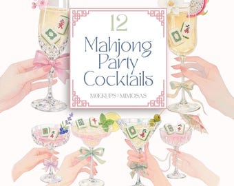 Clipart de cocktails Mahjong aquarelle. Boissons féminines pour les soirées de jeux. PNG transparents.