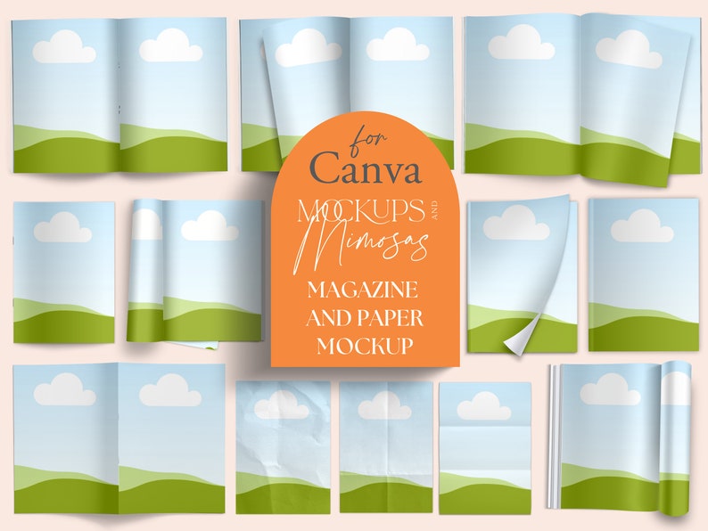 May include: A set of 10 magazine and paper mockups for Canva. The mockups feature a blue sky with white clouds and green hills. The text "for Canva Mockups and Mimosa Magazine and Paper Mockup" is displayed on a peach-colored background.