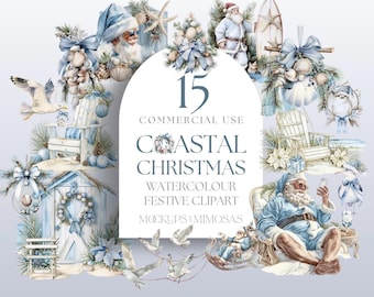 Puede incluir: Ilustración en acuarela con temática navideña costera. La imagen presenta a Papá Noel, sillas de playa, conchas marinas y una tabla de surf. El texto dice "15 Commercial Use Coastal Christmas Watercolour Festive Clipart Mockups & Mimosas."