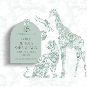 Clipart vert sauge animaux de safari. Toile clipart de style aquarelle jungle chinoiserie. PNG à usage commercial.