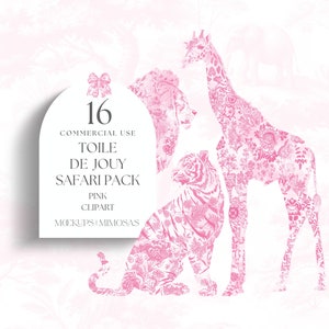 Toile de Jouy rose Safari clipart animaux d'Afrique. Clipart de style aquarelle jungle chinoiserie. PNG à usage commercial.