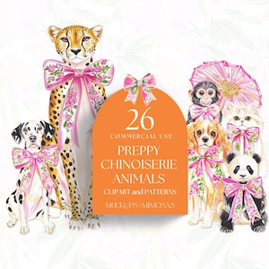 PREPPY CHINOISERIE Dieren clipart. Levendige aquarel tropische patronen. Roze strikafbeeldingen. Transparante png-bestanden. Commercieel gebruik.