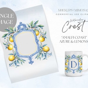 Stemma nuziale mediterraneo, acquerello singolo: clipart araldica con limone costiero italiano, acquerello, blu e giallo. PNG singolo.