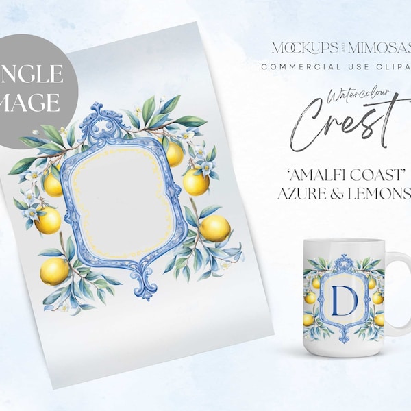 Mediterranean watercolour single Wedding CREST: Italian Coastal Lemon Watercolour Heraldry clipart, Blue and Yellow. Single PNG.