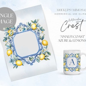 CREST nuziale singolo acquerello della Costiera Amalfitana: clip art araldica ad acquerello a tema mediterraneo e limone, blu e giallo. PNG singolo.