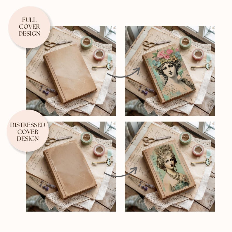 May include: Two images showing a vintage book with a distressed cover. The first image shows the book with a blank cover. The second image shows the book with a full cover design featuring a woman with a crown and flowers in her hair. The design is in a vintage style with a light blue background.