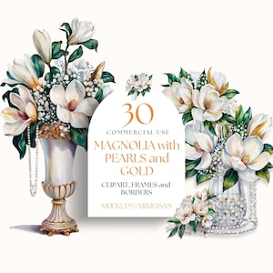 Gold Magnolia Floral clipart, White Flowers and pearls PNG&#39;s, Wedding Invitation clip art, Magnolia Glam Botanical Bridal Shower Sublimation