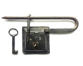 Huge primitive wrought iron padlock, Antique lock Castle rustic key 18th century, industrial steampunk Decor
