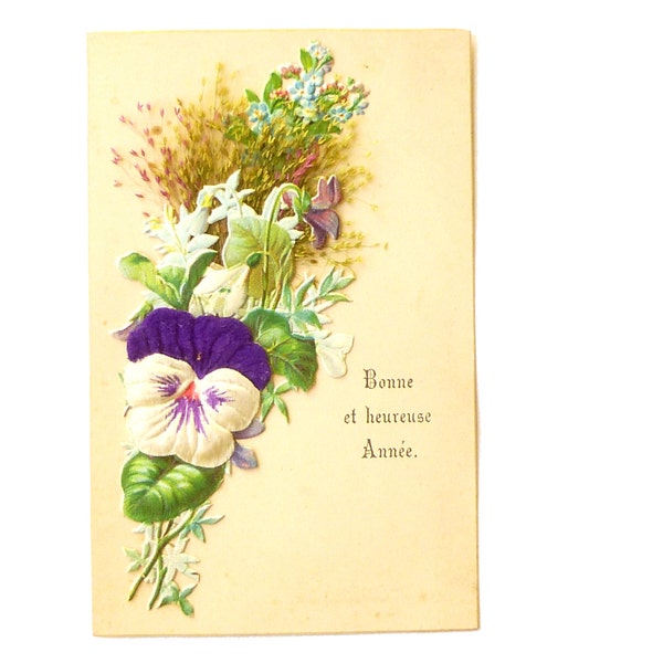 Ancient greeting card of "Happy New Year" 1910 , Postcard vintage bouquet dried flower, Flower thought embossed paper, Chromo cut