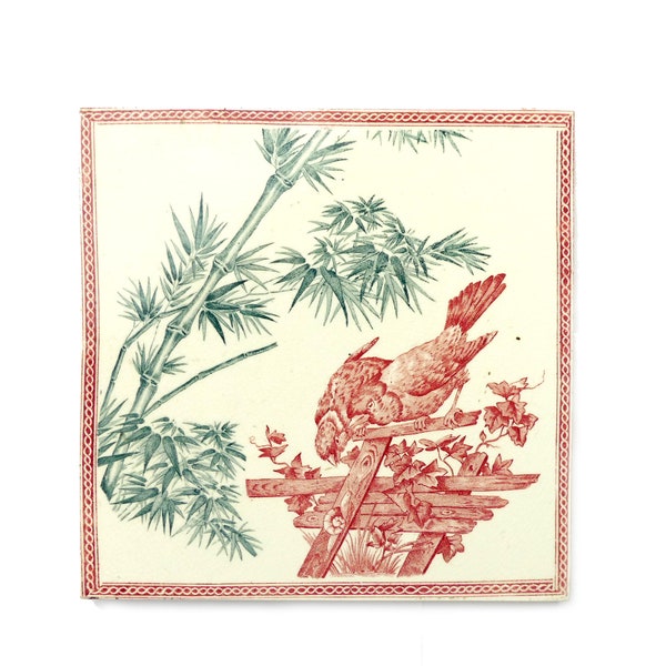 Old tile Longwy faience decor of birds and bamboo - Antique Tile ceramic French pink green - old flat underside Cheese tray