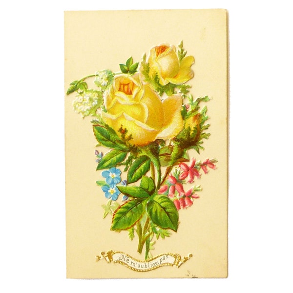 Friendship chromo postcard old bouquet yellow roses flowers forget-me-not - cut paper embossed relief - french ephemeral 1900