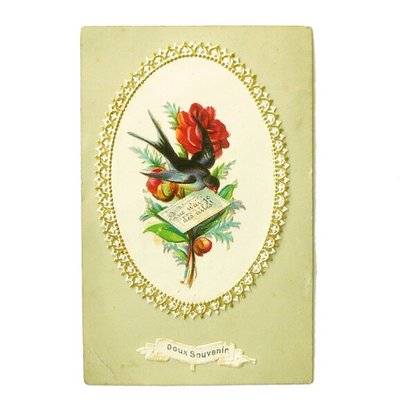Vintage postcard of lovers chromo swallow and red flowers - card love cut paper embossed - Ephemera french