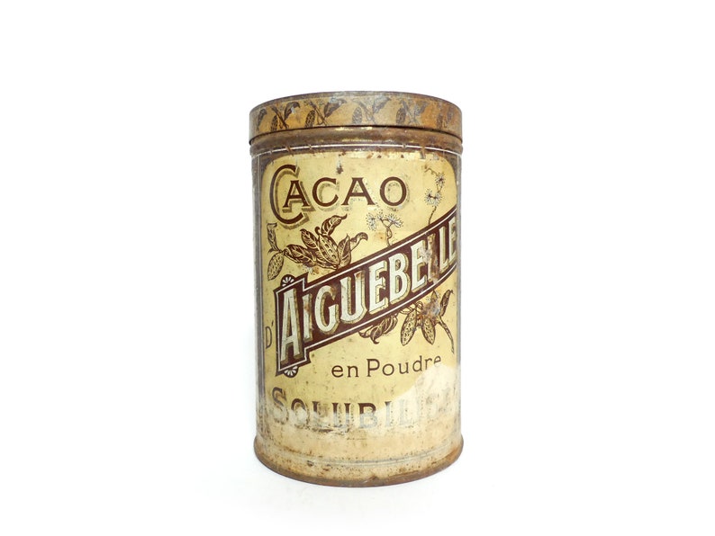 Cocoa 1900 French tin box box advertising d/'Aiguebelle chocolate vintage bottle collection rustic country kitchen Decor