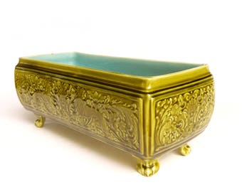 Earthenware Sarreguemines planter table - turquoise green Majolica stylized lion decor - antique French majolica ceramic 1900