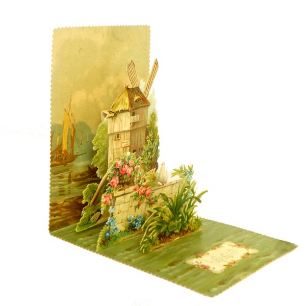 Old card kirigami pop up 3D postcard souvenir 1900 French Chromo paper cut mill landscape garden flowers