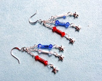 Old Glory Patriotic/4th of July/Boho Red White Blue Triple Dangle Silver Star Earrings