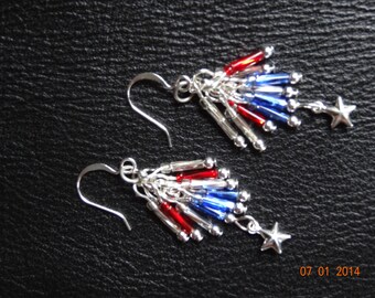 Old Glory Patriotic/July 4th/Boho/Tribal/Native American Style/Cowgirl Red White Blue Firecracker Multidangle Silver Star Charm Earrings