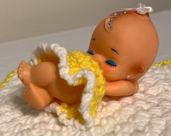 Kewpie Doll on Crochet Mat-Vintage-Yellow
