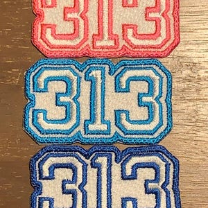 May include: Three rectangular embroidered patches featuring the number 313 in a bold font. The top patch has a pink border and white center, the middle patch has a light blue border and white center, and the bottom patch has a dark blue border.