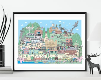 Horsham cityscape art print, Horsham lovers wall art A4 size