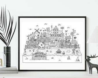 Worthing Art Print. A3 size. 'Wonderful Worthing' Black screen print.