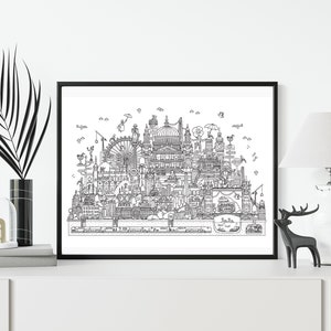 London Cityscape Artwork, Illustrated Black and White Landmark Print