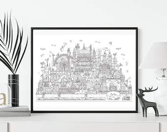London Cityscape Artwork, Illustrated Black and White Landmark Print