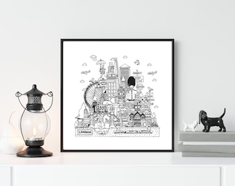 London weekend illustrated print, landmarks wall art