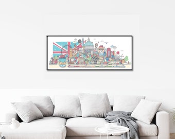 London illustrated panoramic print, colourful landmarks artwork
