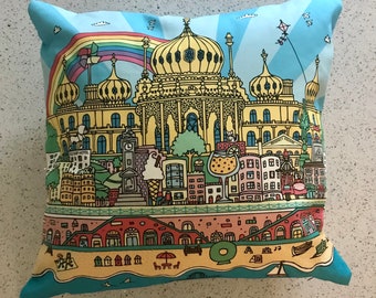 Brighton illustrated cushion, blue sky pillow