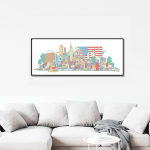 New york cityscape art print, big Apple landmarks panoramic Illustration print