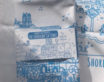 Shoreham-by-Sea landmarks tea towel, screen printed kitchen cloth