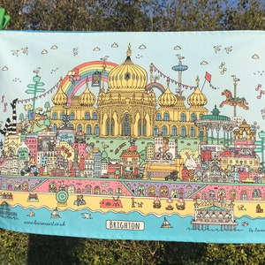 Colourful Brighton lovers cityscape tea towel, landmarks kitchen gift