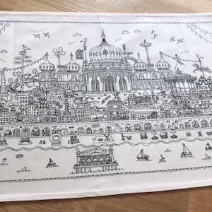 Brighton screen printed tea towel, illustrated cityscape kitchen gift