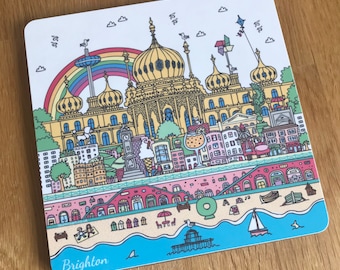 Illustrated Brighton trivet, pot stand with colourful cityscape design