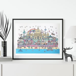 Brighton colourful cityscape print, illustrated landmarks artwork